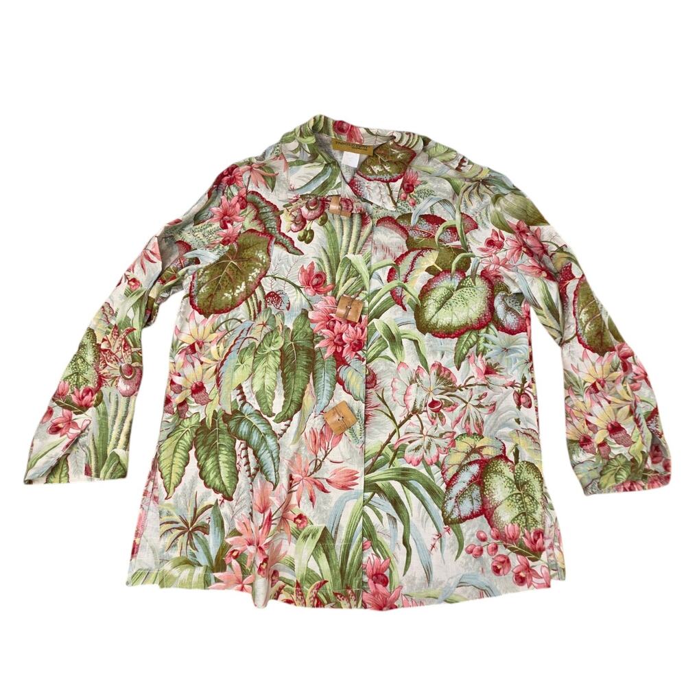 PAINTED PONY Tropical Floral Print Linen Jacket Bamboo Buttons Size Large Linen